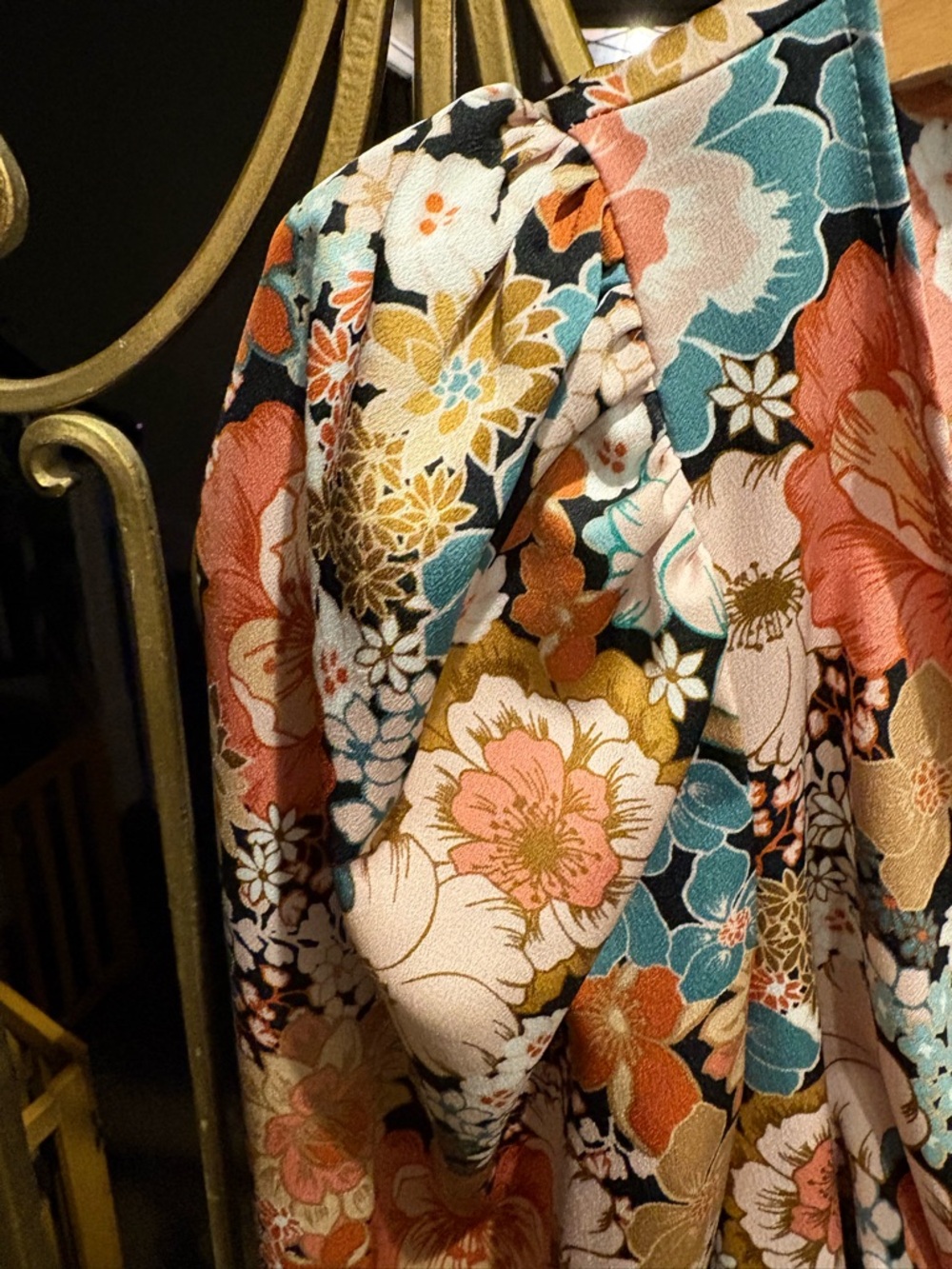 For Love & Lemons Peach s Aqua Floral Tie-Front Maxi Dress key hole puff sleeve - Picture 3 of 10